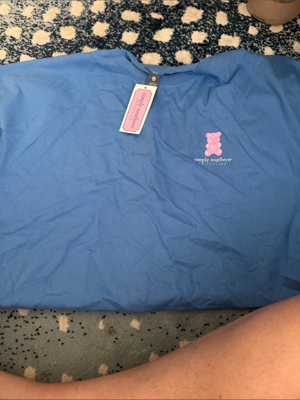 Simply Southern Blue Short Sleeve Tee with Pink Bear Chest Logo